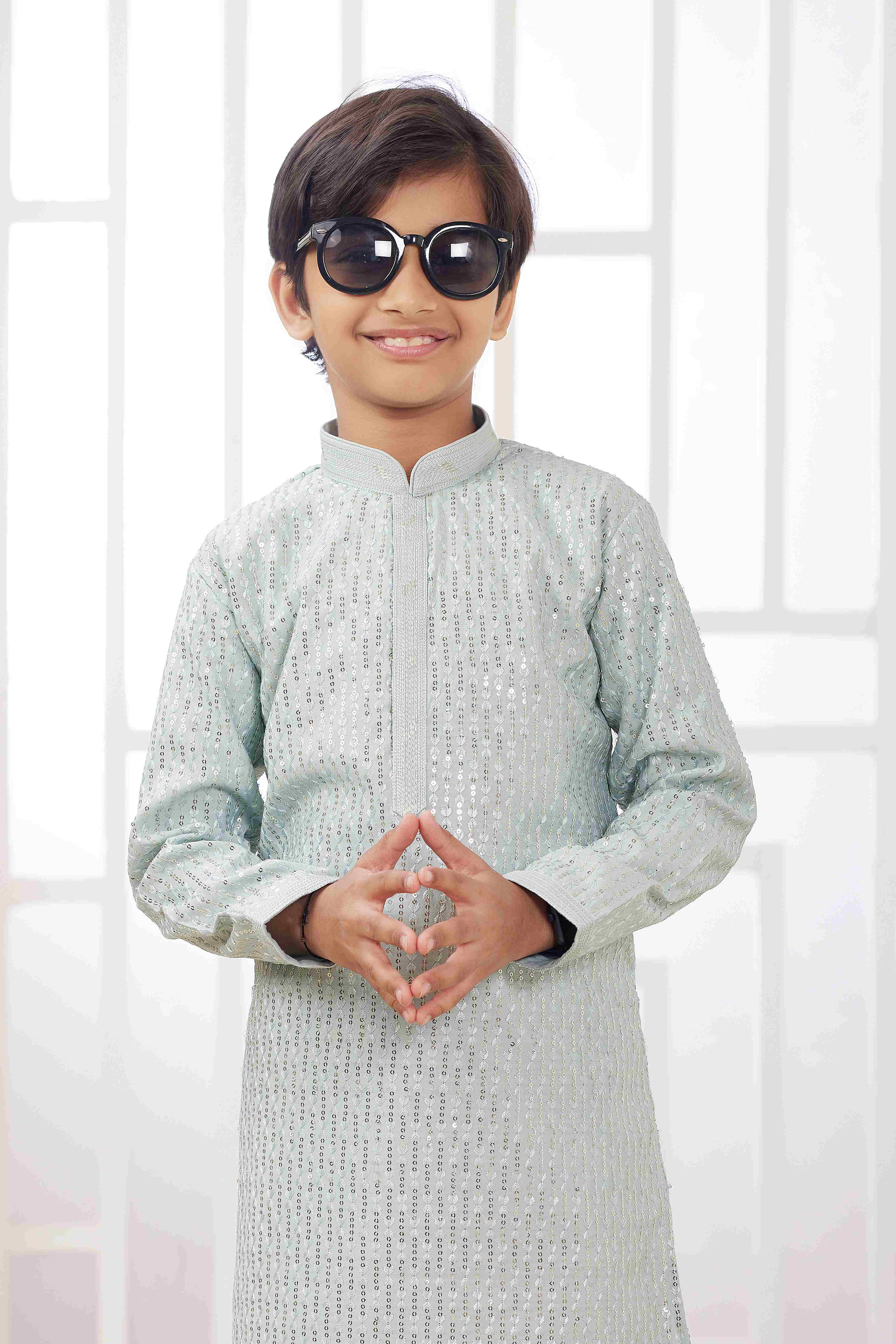 Raivat Ethnic Art Silk Embroidery Work Kids Kurta Pajama In Mint Green Colour | Grocsy