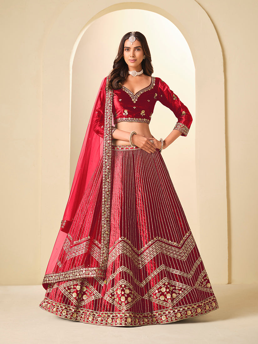 Monjolika Fashion Maroon Velvet Embroidered Sequins Work A Line Lehenga Choli | Grocsy