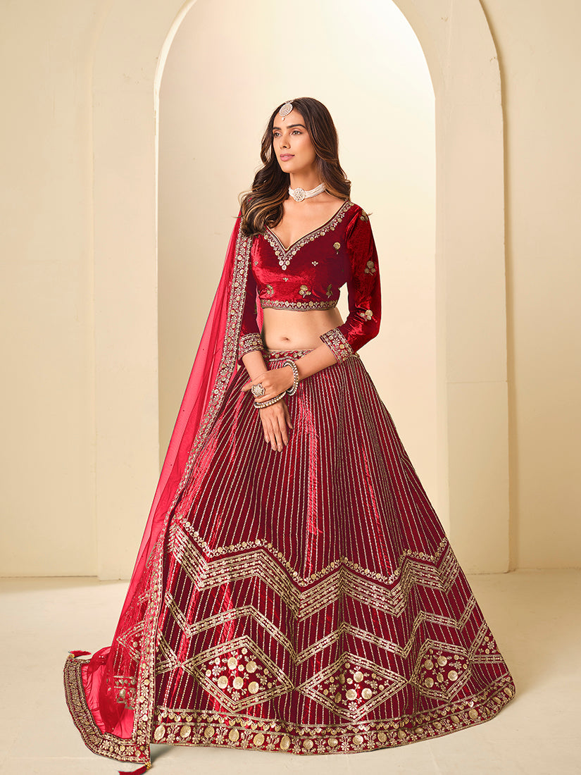 Monjolika Fashion Maroon Velvet Embroidered Sequins Work A Line Lehenga Choli | Grocsy