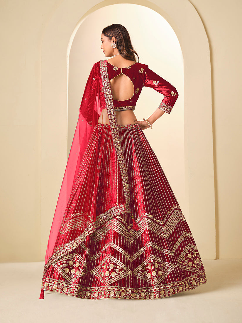 Monjolika Fashion Maroon Velvet Embroidered Sequins Work A Line Lehenga Choli | Grocsy