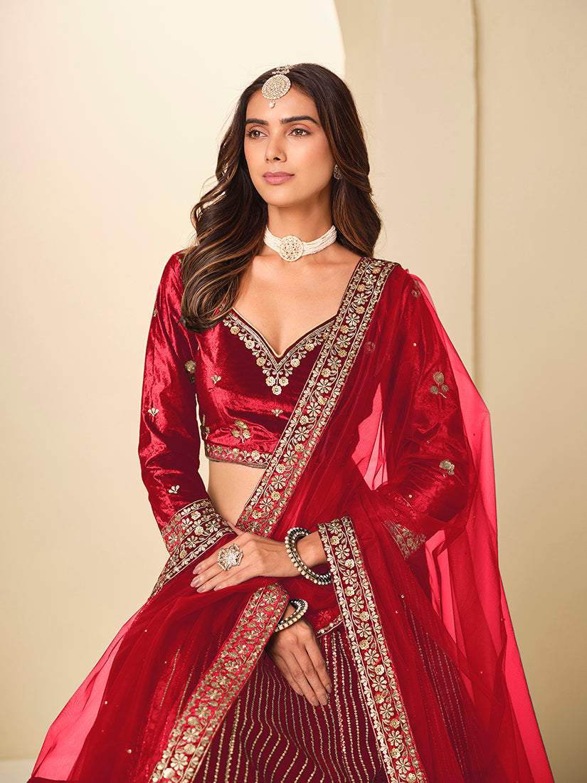 Monjolika Fashion Maroon Velvet Embroidered Sequins Work A Line Lehenga Choli | Grocsy
