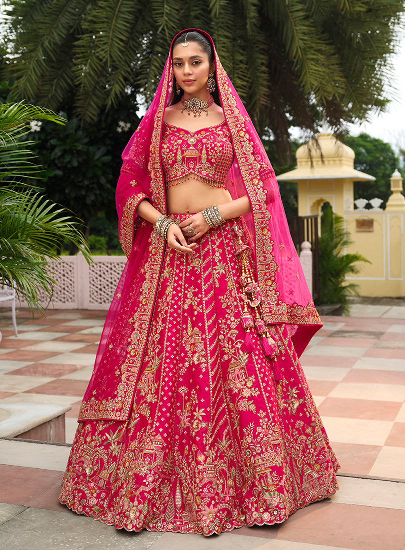 Monjolika Fashion Rani Pink Khatli Embroidered Silk Blend Bridal Lehenga Choli | Grocsy