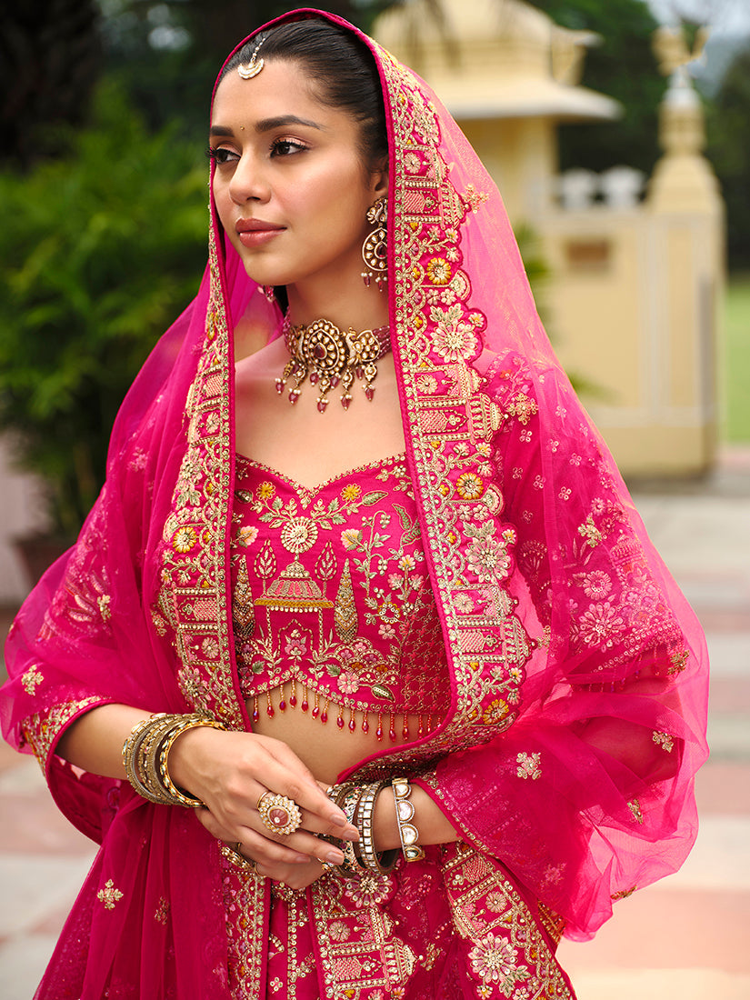 Monjolika Fashion Rani Pink Khatli Embroidered Silk Blend Bridal Lehenga Choli | Grocsy