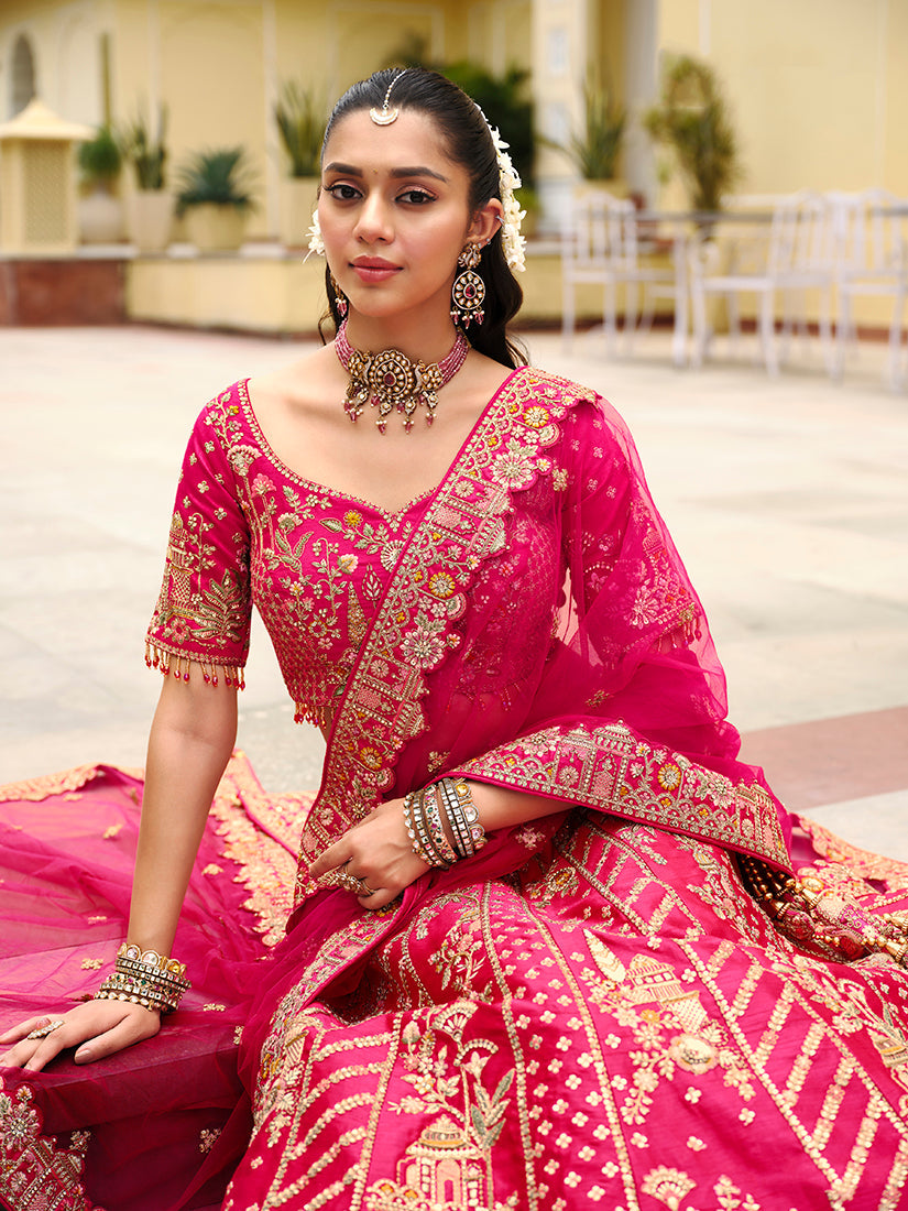 Monjolika Fashion Rani Pink Khatli Embroidered Silk Blend Bridal Lehenga Choli | Grocsy