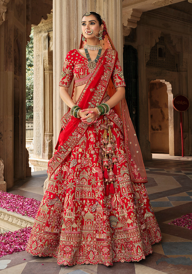 Monjolika Fashion Red Khatli Embroidered Silk Blend Bridal Lehenga Choli | Grocsy