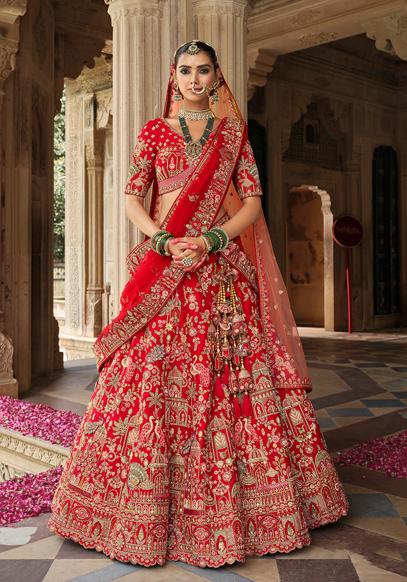 Monjolika Fashion Red Khatli Embroidered Silk Blend Bridal Lehenga Choli | Grocsy