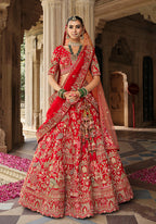 Monjolika Fashion Red Khatli Embroidered Silk Blend Bridal Lehenga Choli | Grocsy