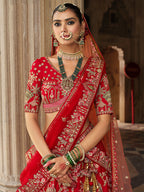 Monjolika Fashion Red Khatli Embroidered Silk Blend Bridal Lehenga Choli | Grocsy