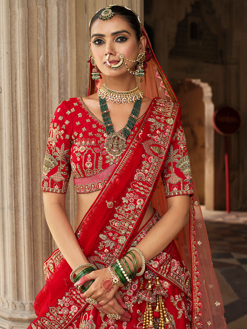 Monjolika Fashion Red Khatli Embroidered Silk Blend Bridal Lehenga Choli | Grocsy