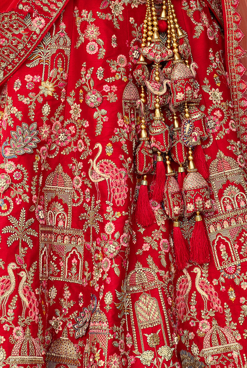 Monjolika Fashion Red Khatli Embroidered Silk Blend Bridal Lehenga Choli | Grocsy