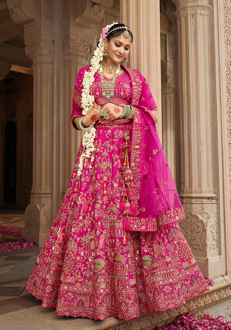 Monjolika Fashion Magenta Pink Khatli Embroidered Silk Blend Bridal Lehenga Choli | Grocsy