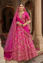 Monjolika Fashion Magenta Pink Khatli Embroidered Silk Blend Bridal Lehenga Choli | Grocsy