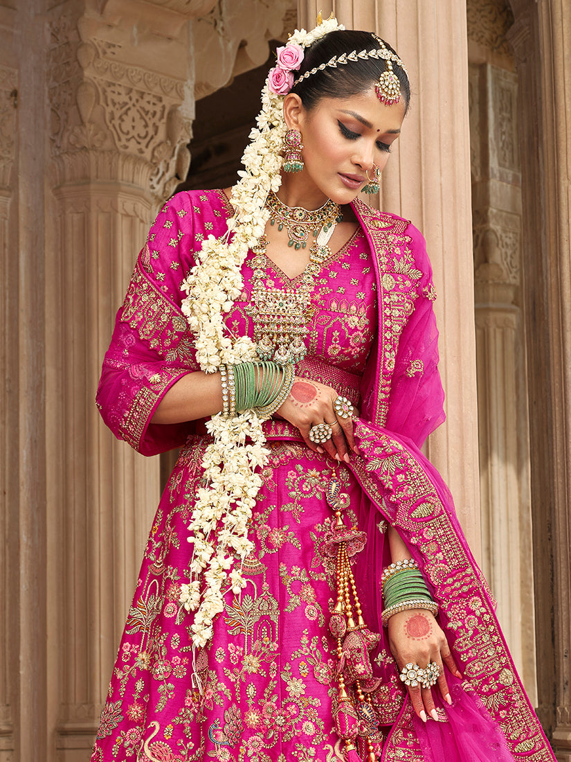 Monjolika Fashion Magenta Pink Khatli Embroidered Silk Blend Bridal Lehenga Choli | Grocsy