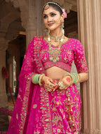 Monjolika Fashion Magenta Pink Khatli Embroidered Silk Blend Bridal Lehenga Choli | Grocsy