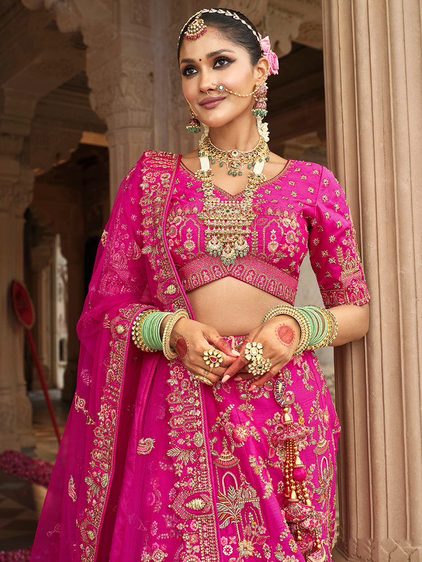 Monjolika Fashion Magenta Pink Khatli Embroidered Silk Blend Bridal Lehenga Choli | Grocsy