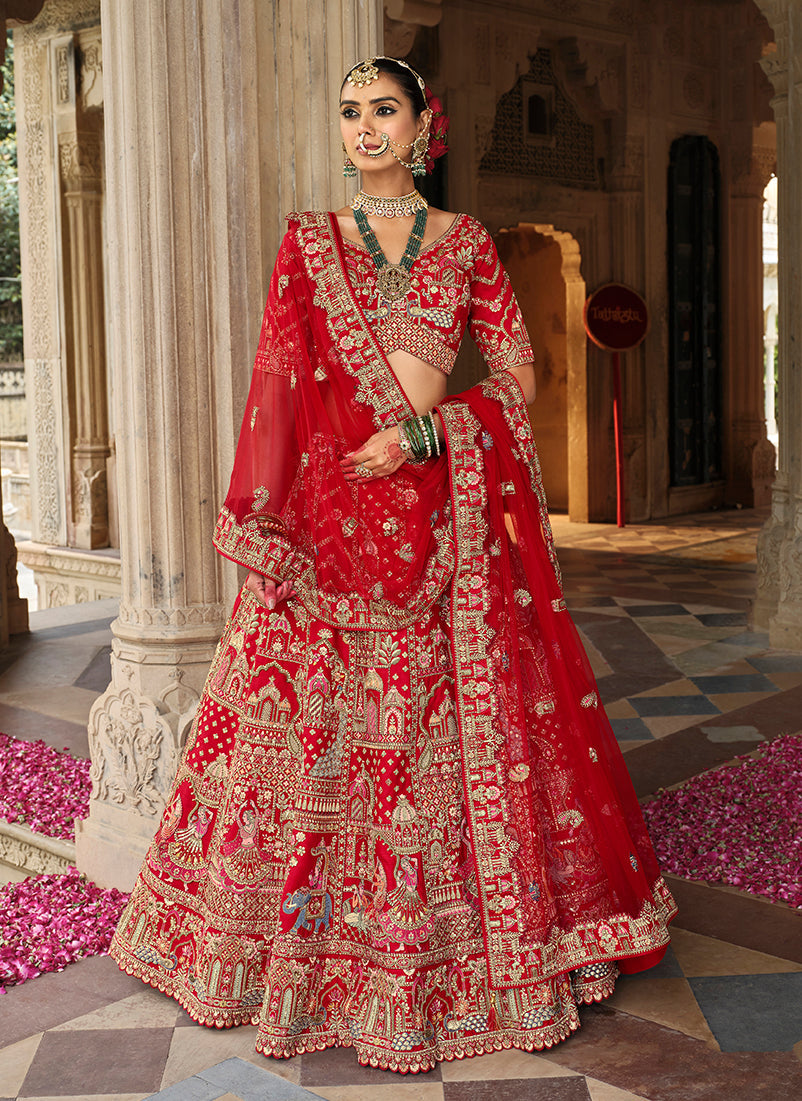 Monjolika Fashion Red Khatli Embroidered Silk Blend Bridal Lehenga Choli | Grocsy