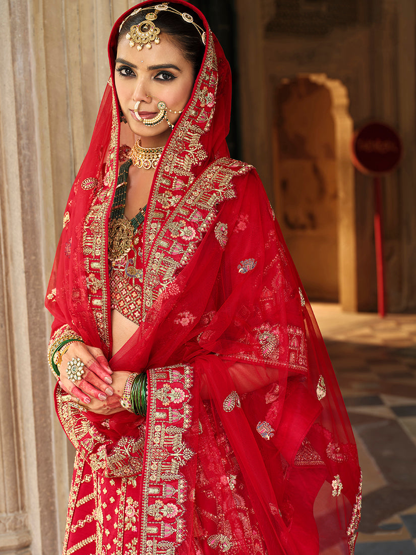 Monjolika Fashion Red Khatli Embroidered Silk Blend Bridal Lehenga Choli | Grocsy