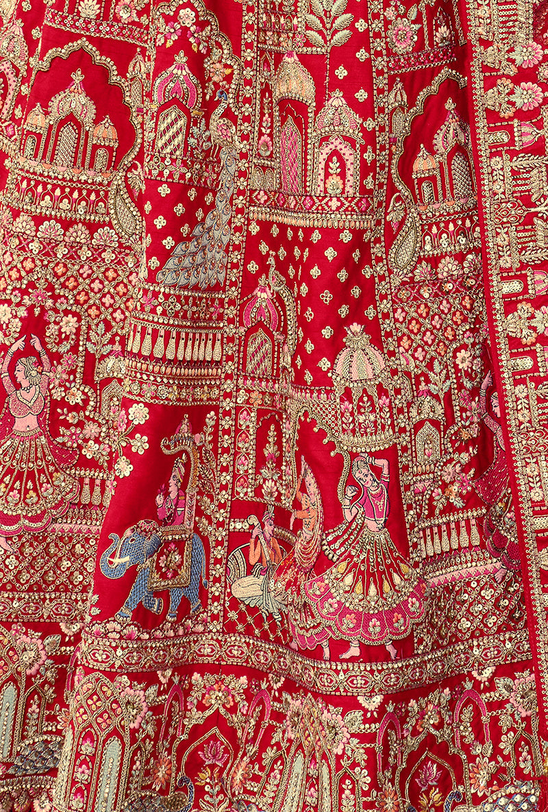 Monjolika Fashion Red Khatli Embroidered Silk Blend Bridal Lehenga Choli | Grocsy