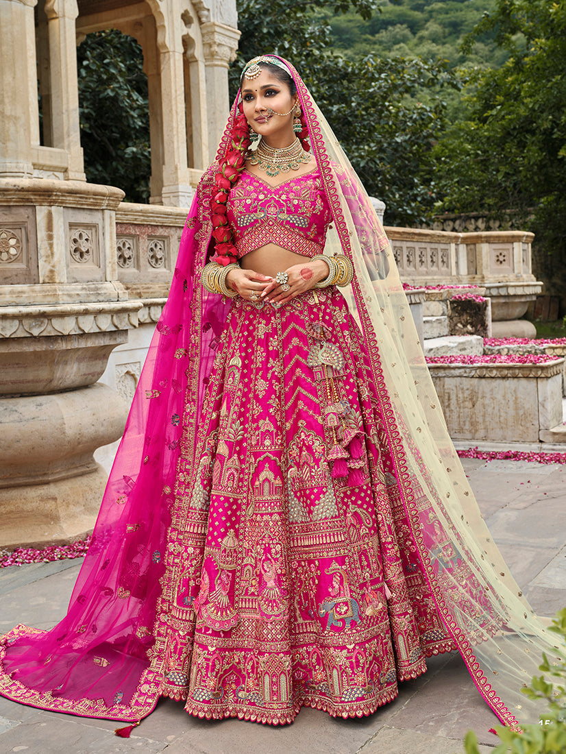 Monjolika Fashion Rani Pink Khatli Embroidered Silk Blend Bridal Lehenga Choli | Grocsy
