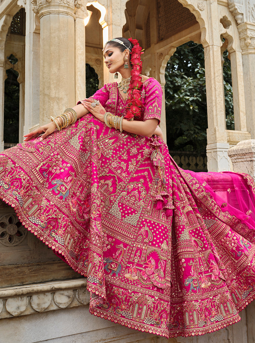 Monjolika Fashion Rani Pink Khatli Embroidered Silk Blend Bridal Lehenga Choli | Grocsy
