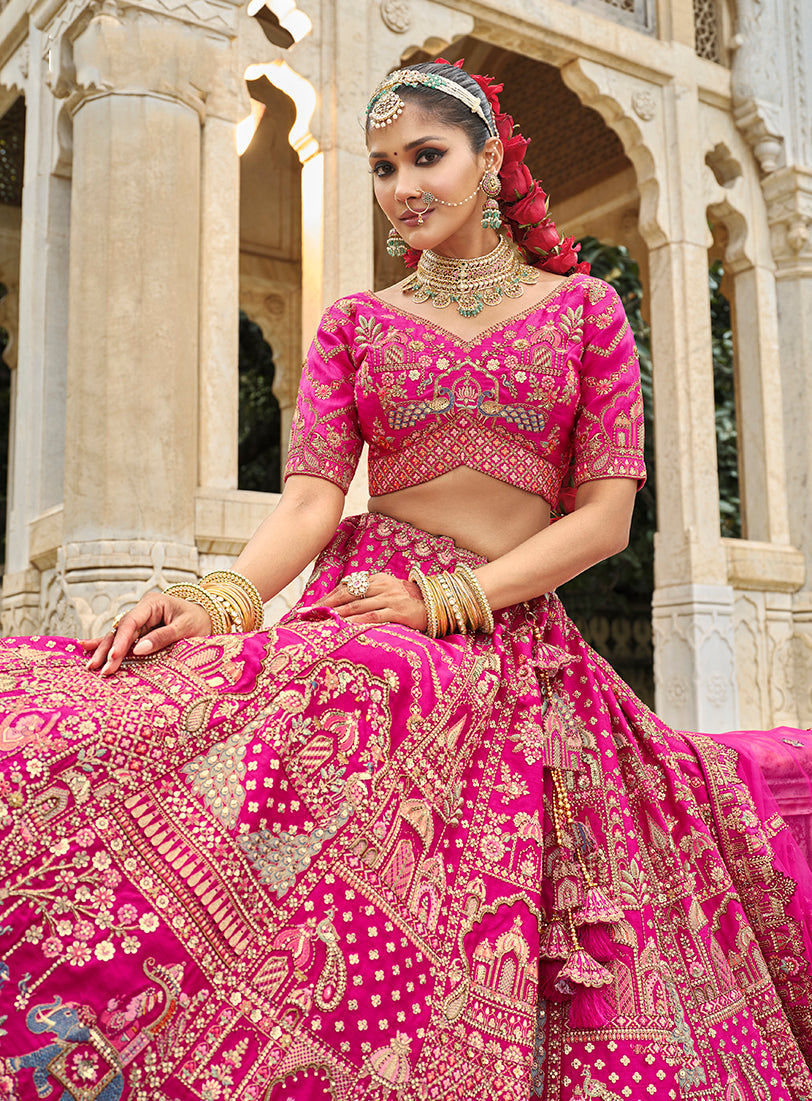 Monjolika Fashion Rani Pink Khatli Embroidered Silk Blend Bridal Lehenga Choli | Grocsy