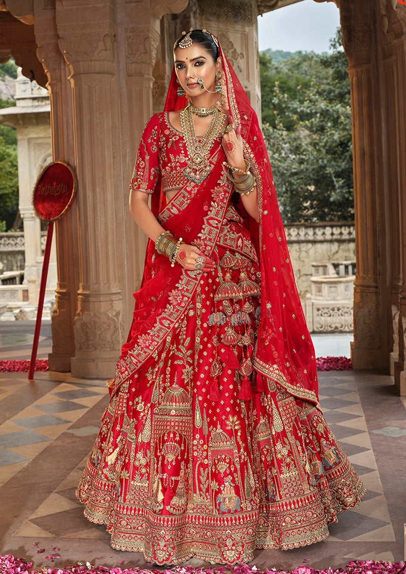 Monjolika Fashion Red Khatli Embroidered Silk Blend Bridal Lehenga Choli | Grocsy