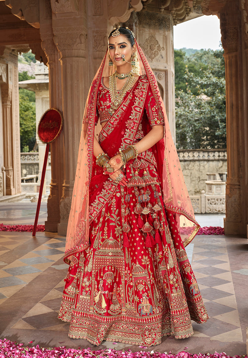 Monjolika Fashion Red Khatli Embroidered Silk Blend Bridal Lehenga Choli | Grocsy