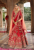 Monjolika Fashion Red Khatli Embroidered Silk Blend Bridal Lehenga Choli | Grocsy