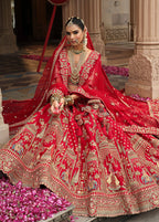 Monjolika Fashion Red Khatli Embroidered Silk Blend Bridal Lehenga Choli | Grocsy