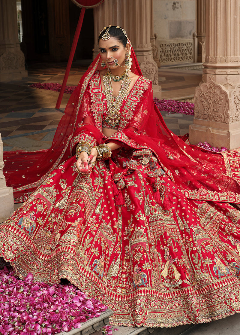 Monjolika Fashion Red Khatli Embroidered Silk Blend Bridal Lehenga Choli | Grocsy