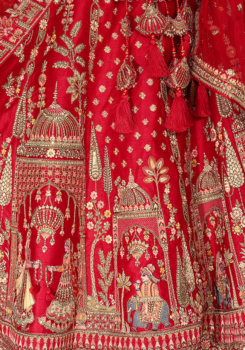 Monjolika Fashion Red Khatli Embroidered Silk Blend Bridal Lehenga Choli | Grocsy