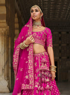 Monjolika Fashion Magenta Pink Khatli Embroidered Silk Blend Bridal Lehenga Choli | Grocsy