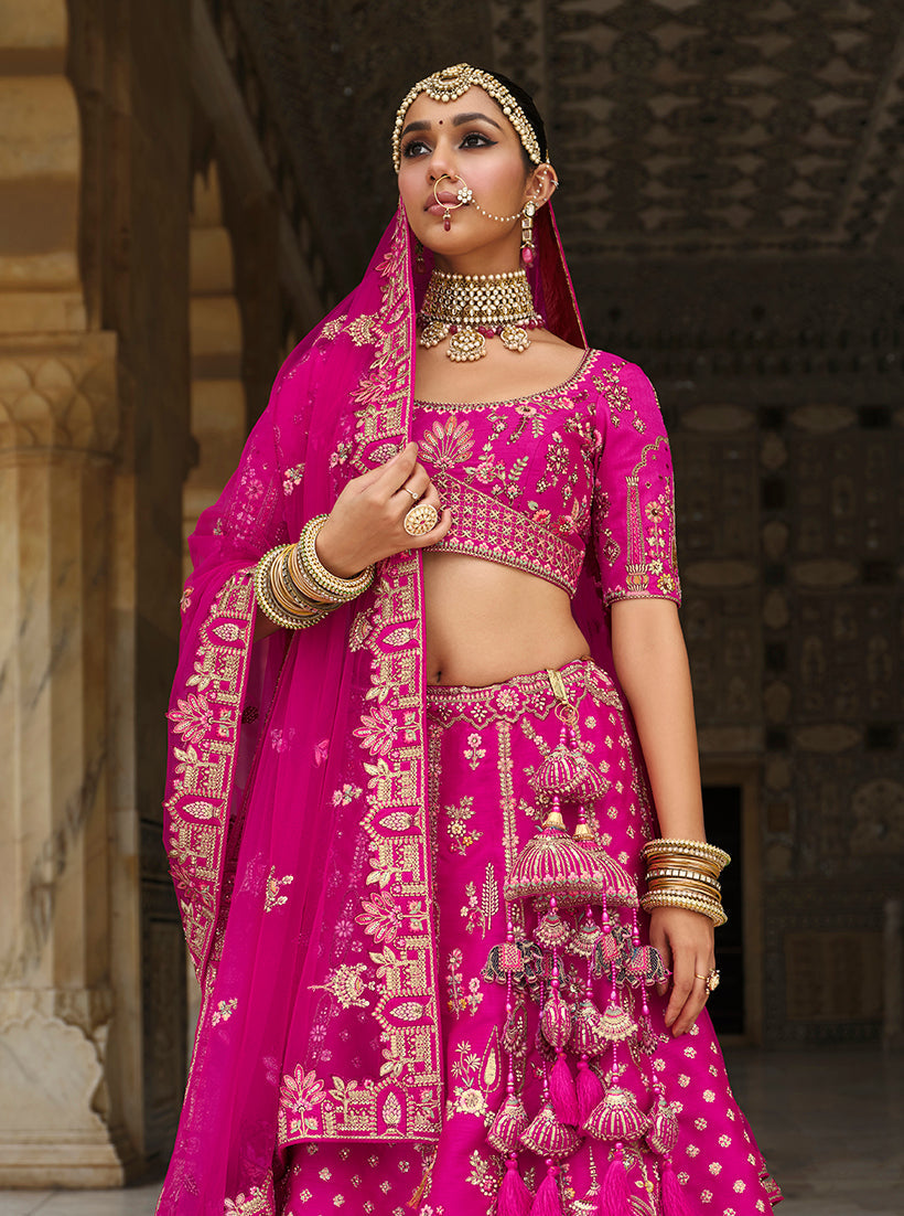 Monjolika Fashion Magenta Pink Khatli Embroidered Silk Blend Bridal Lehenga Choli | Grocsy