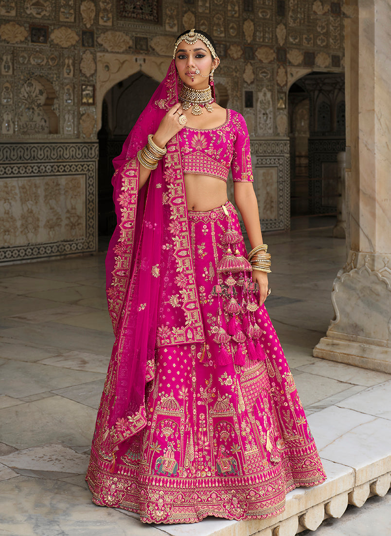Monjolika Fashion Magenta Pink Khatli Embroidered Silk Blend Bridal Lehenga Choli | Grocsy