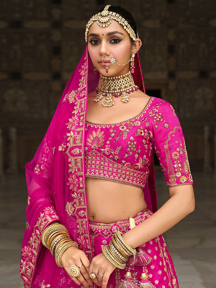 Monjolika Fashion Magenta Pink Khatli Embroidered Silk Blend Bridal Lehenga Choli | Grocsy