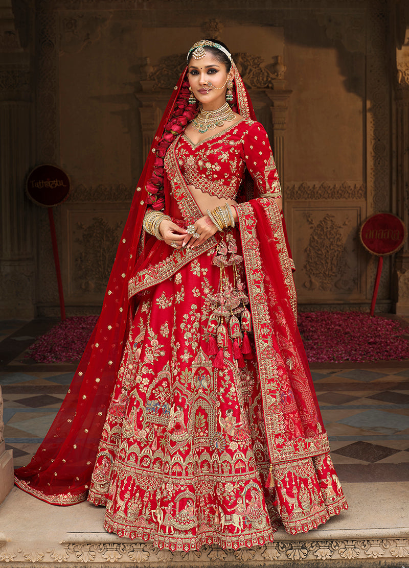 Monjolika Fashion Red Khatli Embroidered Silk Blend Bridal Lehenga Choli | Grocsy