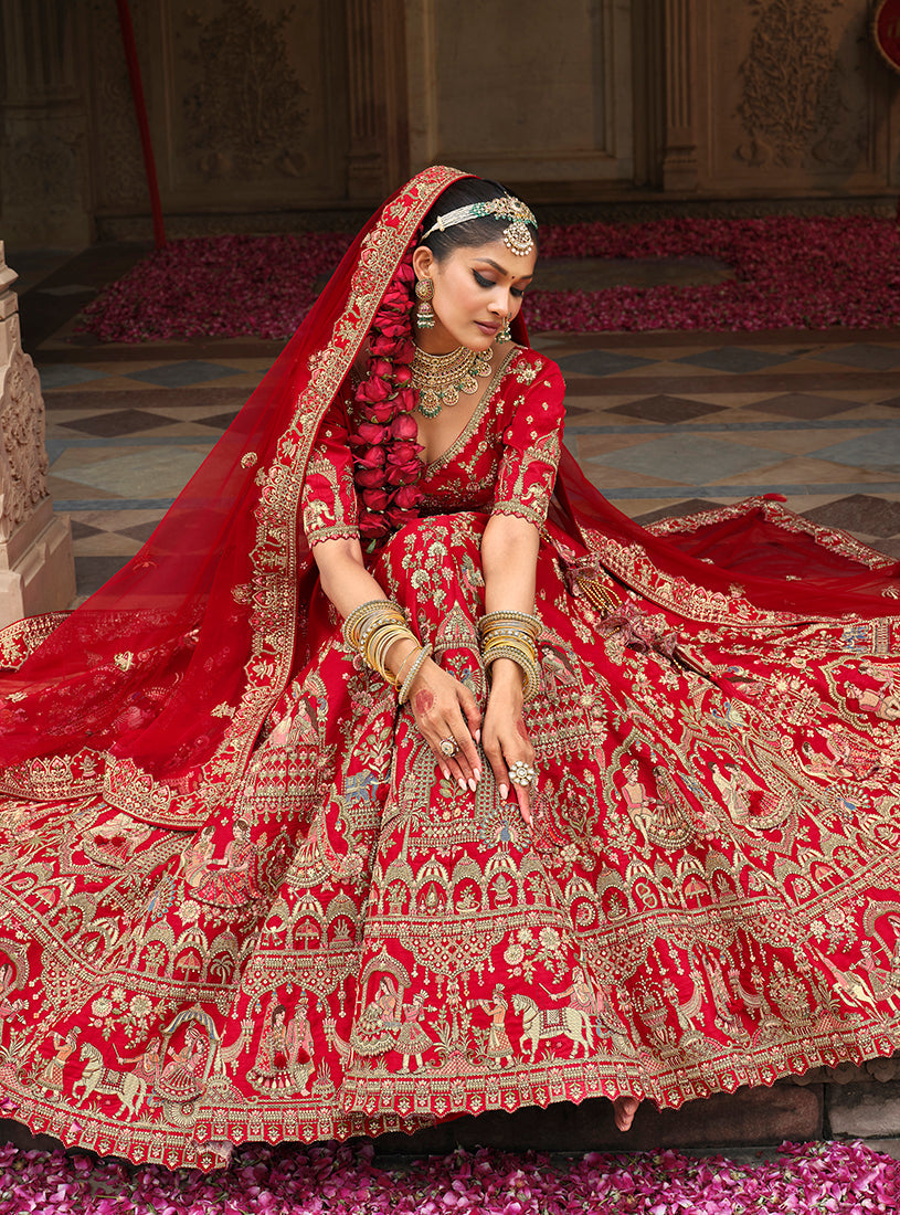 Monjolika Fashion Red Khatli Embroidered Silk Blend Bridal Lehenga Choli | Grocsy