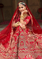 Monjolika Fashion Red Khatli Embroidered Silk Blend Bridal Lehenga Choli | Grocsy