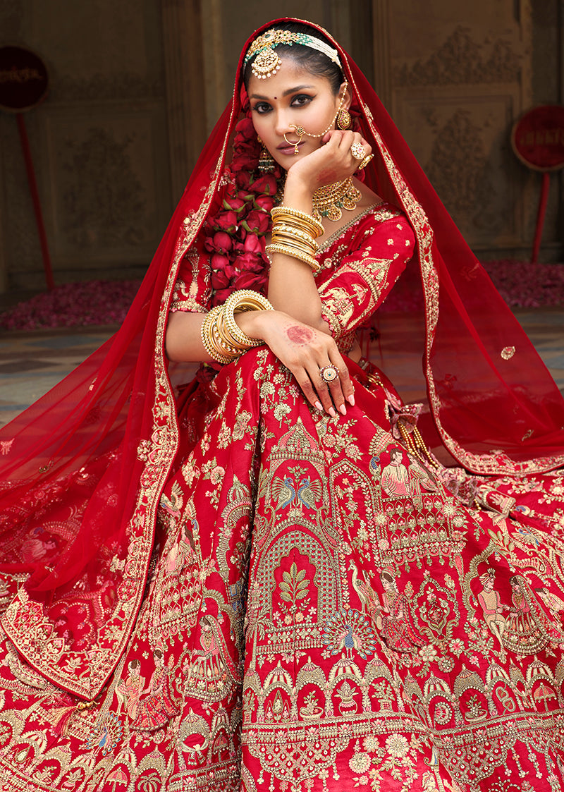 Monjolika Fashion Red Khatli Embroidered Silk Blend Bridal Lehenga Choli | Grocsy