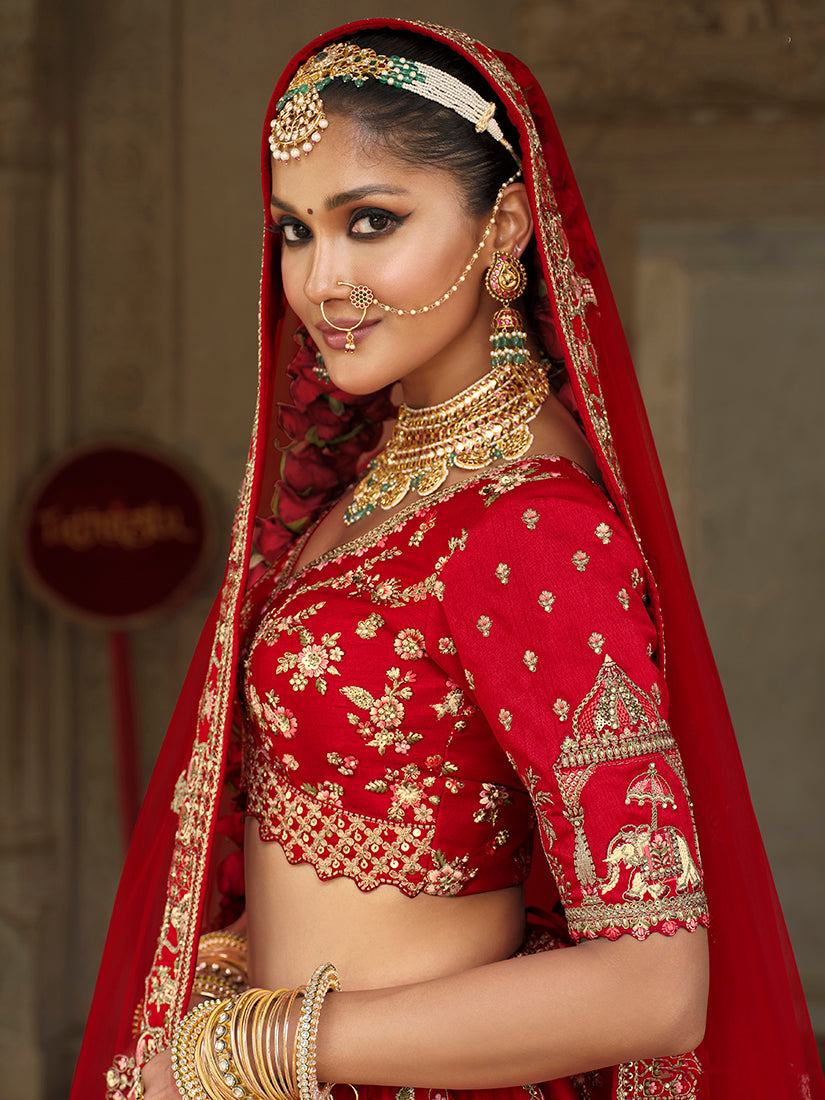 Monjolika Fashion Red Khatli Embroidered Silk Blend Bridal Lehenga Choli | Grocsy