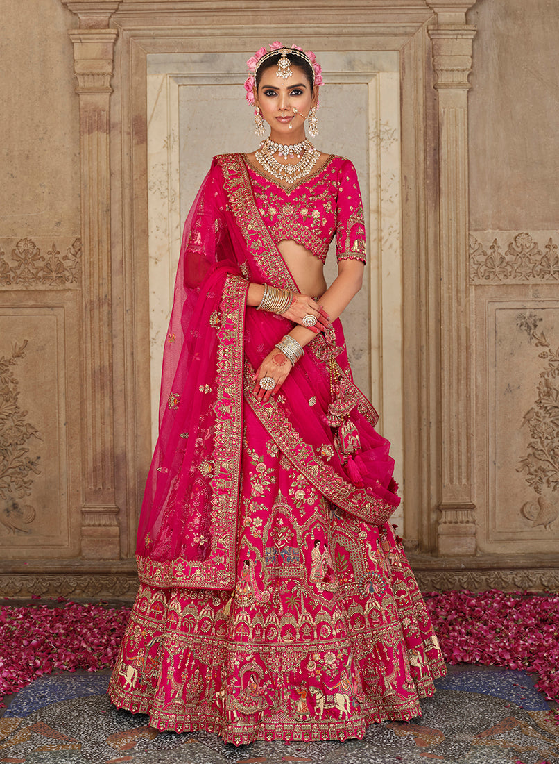 Monjolika Fashion Rani Pink Khatli Embroidered Silk Blend Bridal Lehenga Choli | Grocsy