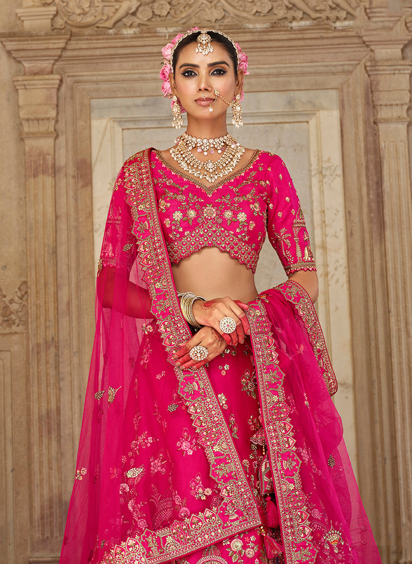 Monjolika Fashion Rani Pink Khatli Embroidered Silk Blend Bridal Lehenga Choli | Grocsy