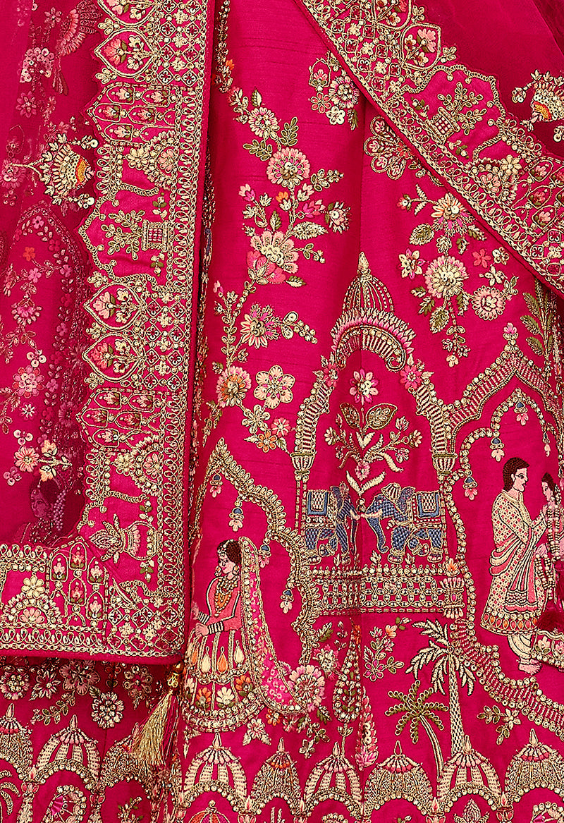 Monjolika Fashion Rani Pink Khatli Embroidered Silk Blend Bridal Lehenga Choli | Grocsy