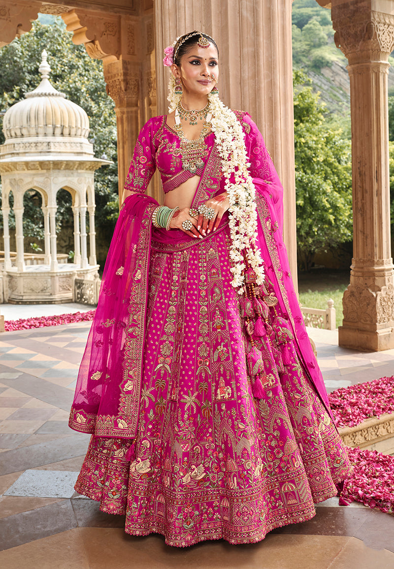Monjolika Fashion Magenta Pink Khatli Embroidered Silk Blend Bridal Lehenga Choli | Grocsy