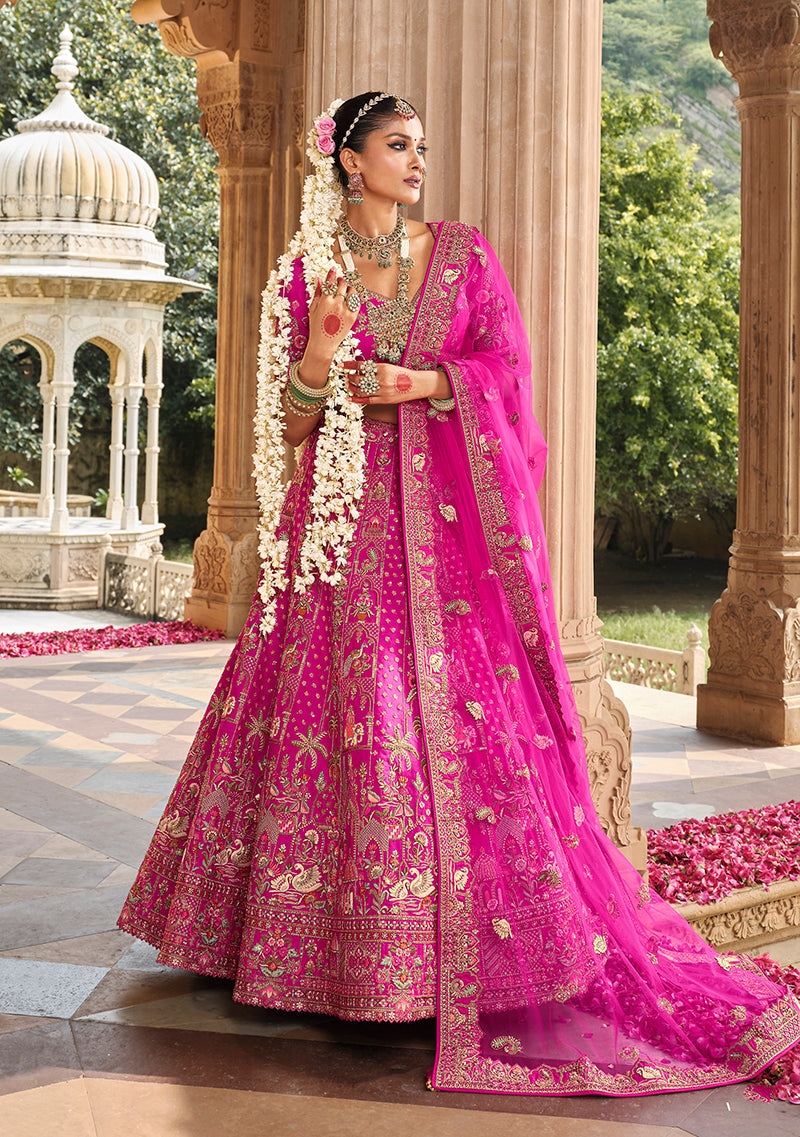Monjolika Fashion Magenta Pink Khatli Embroidered Silk Blend Bridal Lehenga Choli | Grocsy