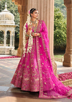 Monjolika Fashion Magenta Pink Khatli Embroidered Silk Blend Bridal Lehenga Choli | Grocsy