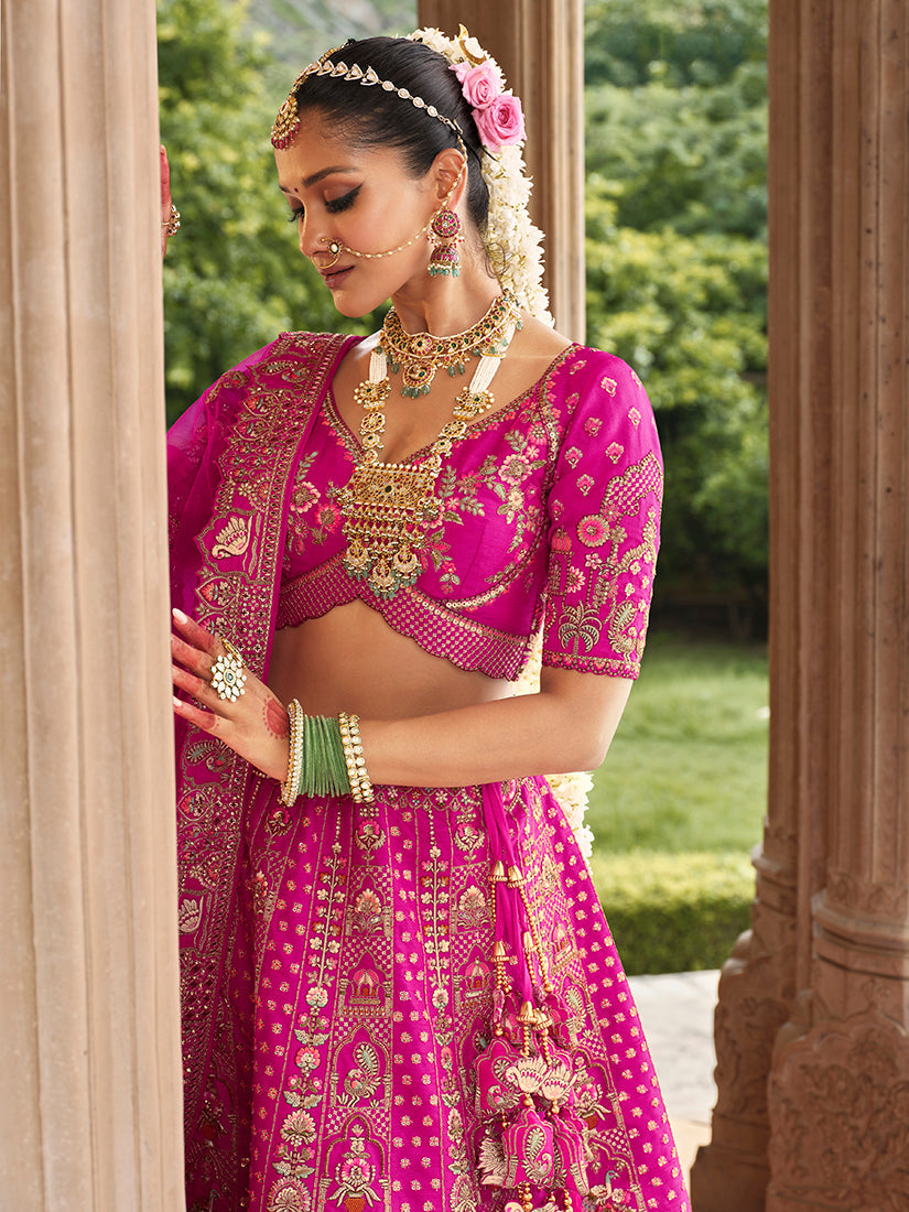 Monjolika Fashion Magenta Pink Khatli Embroidered Silk Blend Bridal Lehenga Choli | Grocsy