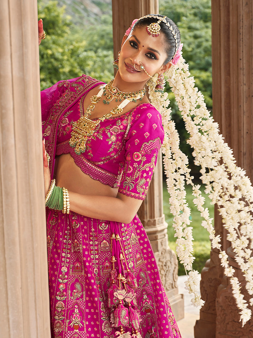 Monjolika Fashion Magenta Pink Khatli Embroidered Silk Blend Bridal Lehenga Choli | Grocsy