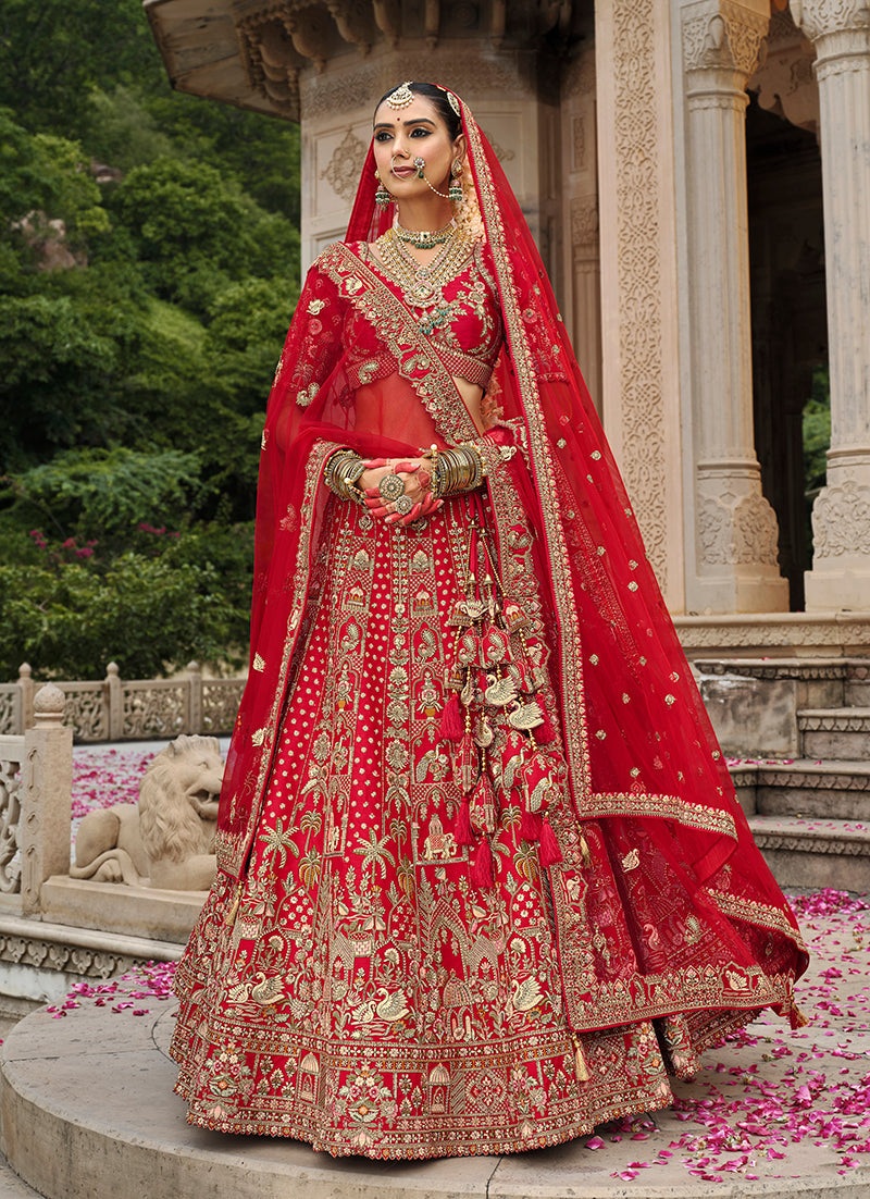 Monjolika Fashion Red Khatli Embroidered Silk Blend Bridal Lehenga Choli | Grocsy