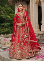 Monjolika Fashion Red Khatli Embroidered Silk Blend Bridal Lehenga Choli | Grocsy